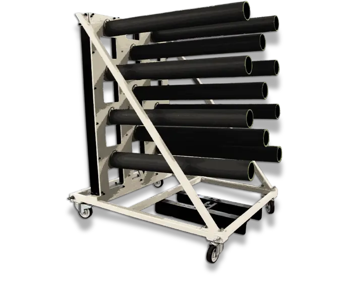 The mobile Tech Cart from AV Flexologic, a supporting equipment for transporting and organizing wide-web flexo sleeves and printing materials.