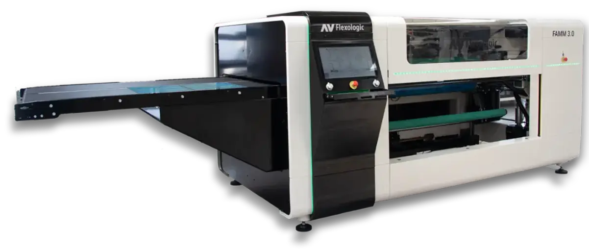 The AV Flexologic FAMM 3.0, a fully automatic flexo plate mounter for wide-web printing, featuring a robotic mounting process.