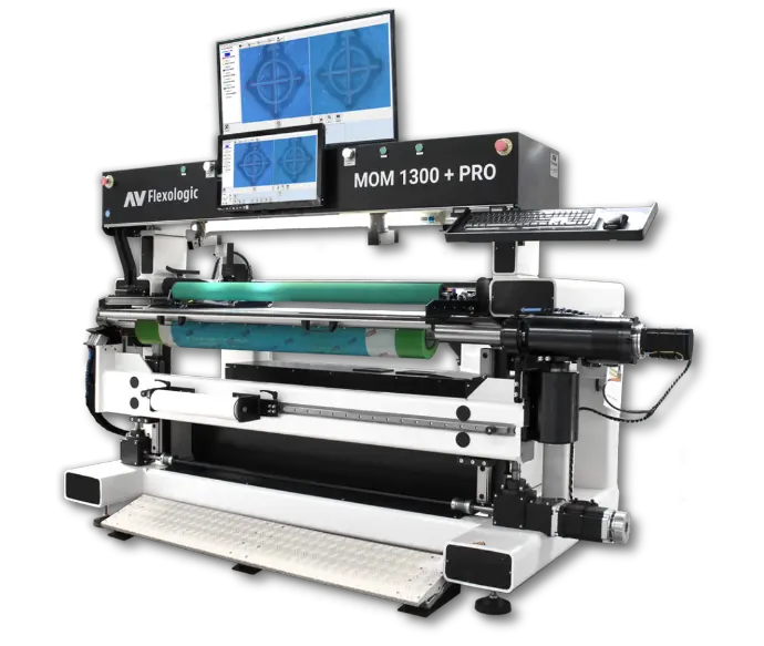 Front view of the MOM DD+ Pro 1300 wide-web flexo machine, showcasing its robust construction and advanced digital controls for high-quality printing.