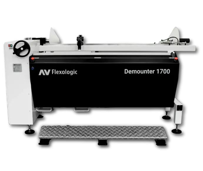 The AV Flexologic Demounter 1700, a supporting equipment for wide-web flexo, designed for safe and efficient printing plate removal from sleeves.
