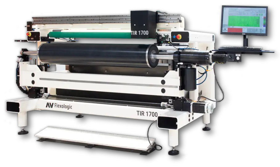 The AV Flexologic TIR Sleeve Measurement System for wide-web flexo, featuring precision sensors and a digital display for accurate sleeve readings.