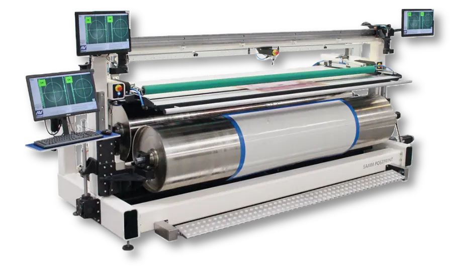 AV Flexologic's SAMM Postprint, a flexo plate mounter for postprint corrugated applications, with a large mounting area and dual cameras.