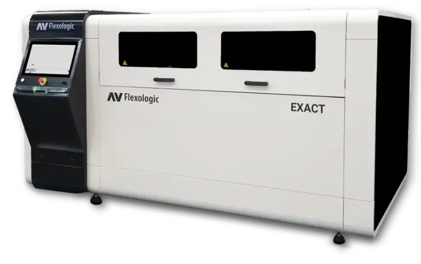 The EXACT Laser Cutter from AV Flexologic, a high-precision laser cutting machine for flexo plates, ensuring accurate and clean cuts.
