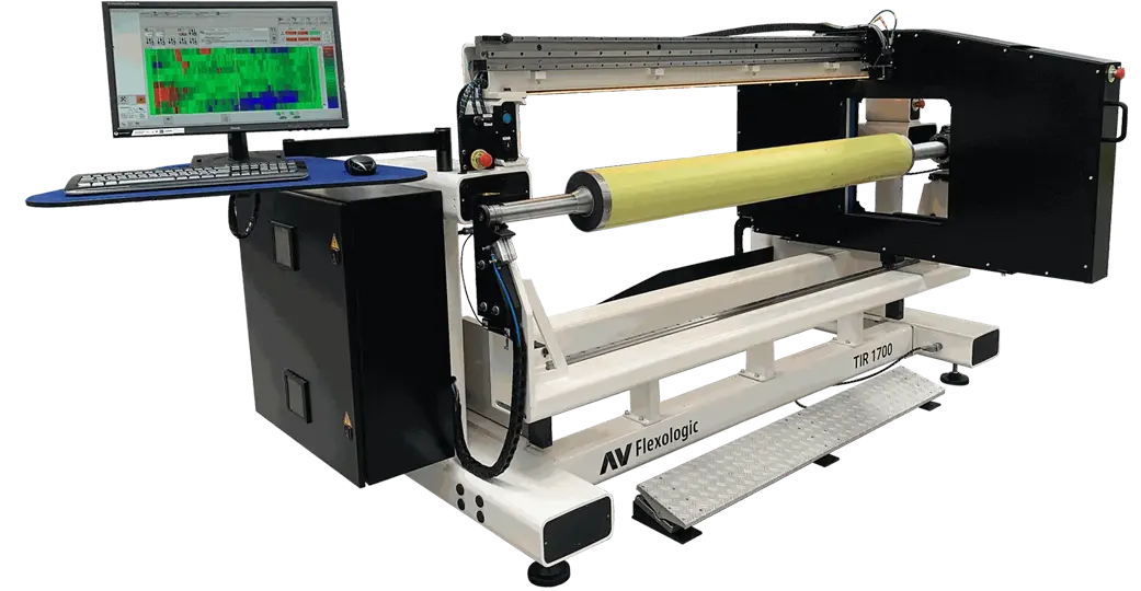 The AV Flexologic Sleeve Quality Inspection System for wide-web flexo, with a high-resolution camera for detailed print sleeve analysis.